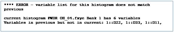 Text Box: **** ERROR - variable list for this histogram does not match previous

current histogram PWDR OH_04.fxye Bank 1 has 6 variables
Variables in previous but not in current: 1::D22, 1::D33, 1::D11, 

Previous refinement has 7 variables
Variables in current but not in previous: 1::Scale, 1::Mustrain;i, 

